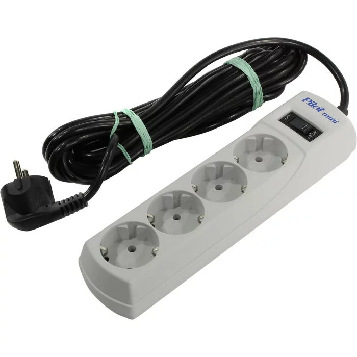 Сетевой фильтр Pilot Mini 4 розетки (евро с заземлением), 10А/2.2кВа, автомат, 5 м/ Surge protector Pilot Mini 4 euro outlets, 10A / 2.2kVt, automatic circuit-breaker, 5 m (PILOT MINI 5M)