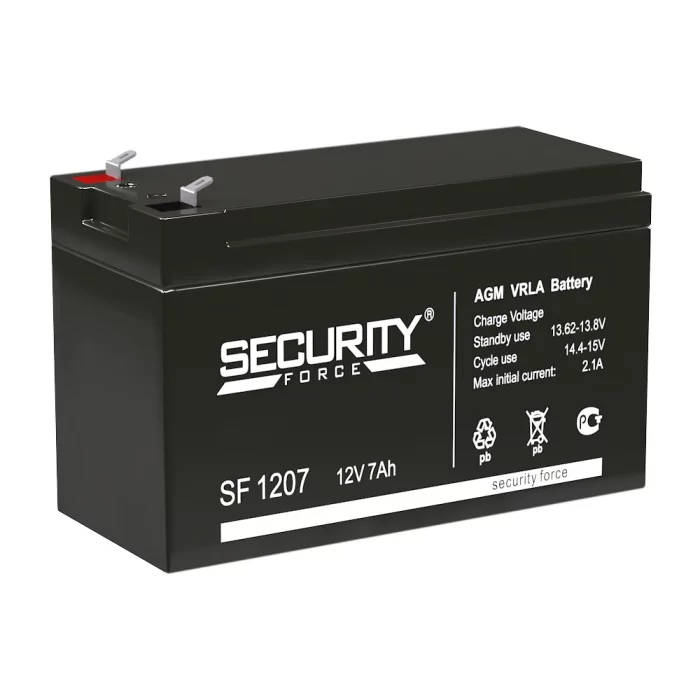 Батарея SECURITY FORCE серия SF, SF 1207, напряжение 12В, емкость 7Ач (разряд 20 часов), макс. ток разряда (5 сек.) 60А, макс. ток заряда 2.1А, свинцово-кислотная типа AGM, клеммы F1, ДxШxВ 151х65х95мм., вес кг., срок службы 3-5 лет./ Battery SECURITY FO