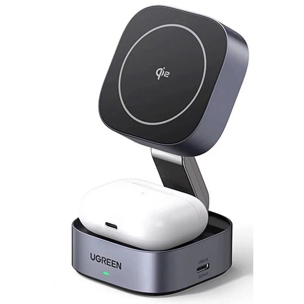 Зарядное устройство магнитное беспроводное 2-в-1 UGREEN W526 (35278) 2-in-1 Magnetic Wireless Charge для Iphone&AirPods 7,5W. Цвет: серый космос (35278_)