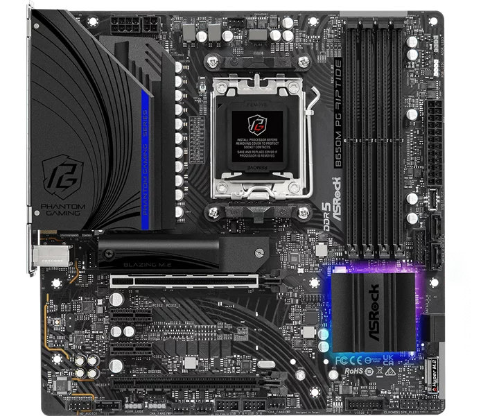 Материнская плата ASROCK B650M PG RIPTIDE, AM5, B650, 4*DDR5, 4*SATA, 2*M.2, 3*USB 3.2, 4*USB 2.0, Type-C, 2*PCIx16, 2*PCIx1, HDMI+DP, mATX