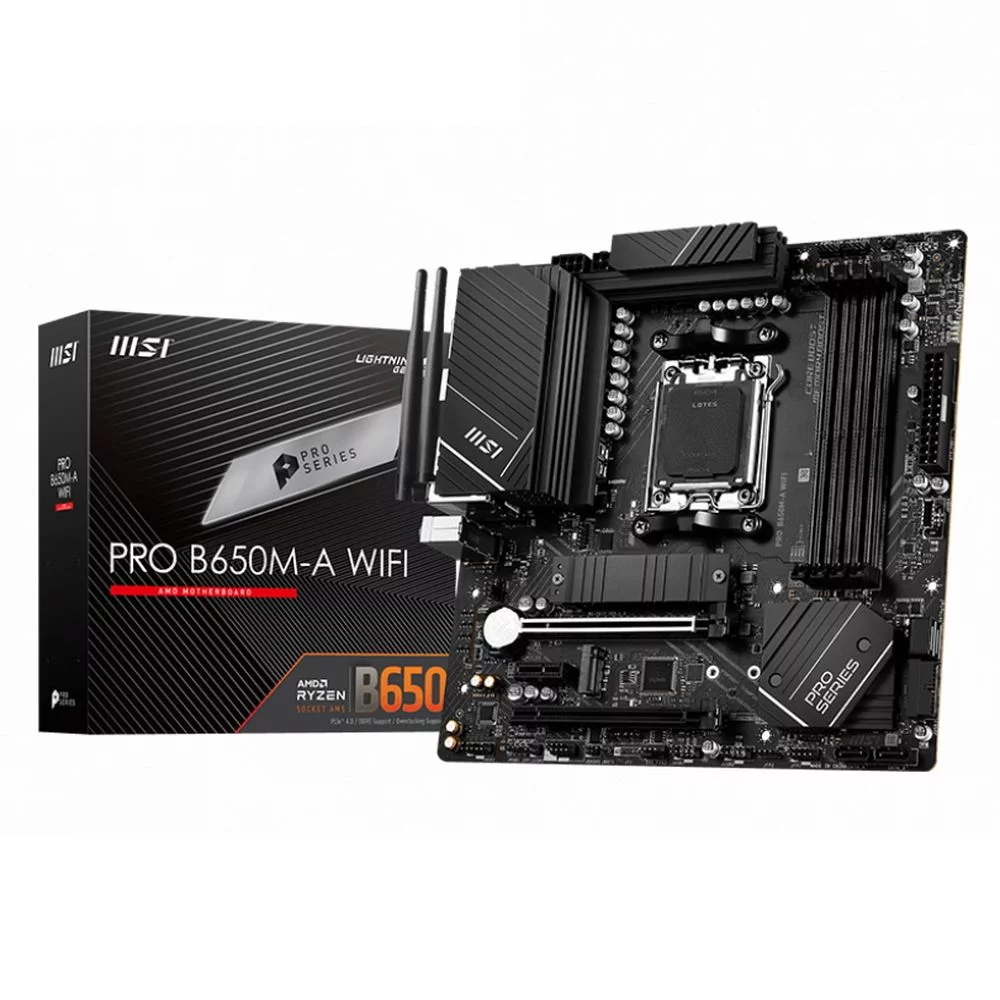 Материнская плата MSI Bad Pack PRO B650M-A WIFI B650, AM5, 4*DDR5, 2*PCIEx16, 1*PCIEx1, 2*M.2, 1*TypeC, 4*USB3.2Gen2, 6*USB3.2Gen1, 4*USB2.0, 4*SATA3.0, 2.5G, DP, HDMI, M-ATX, RTL (PRO B650M-A WIFI||BP)