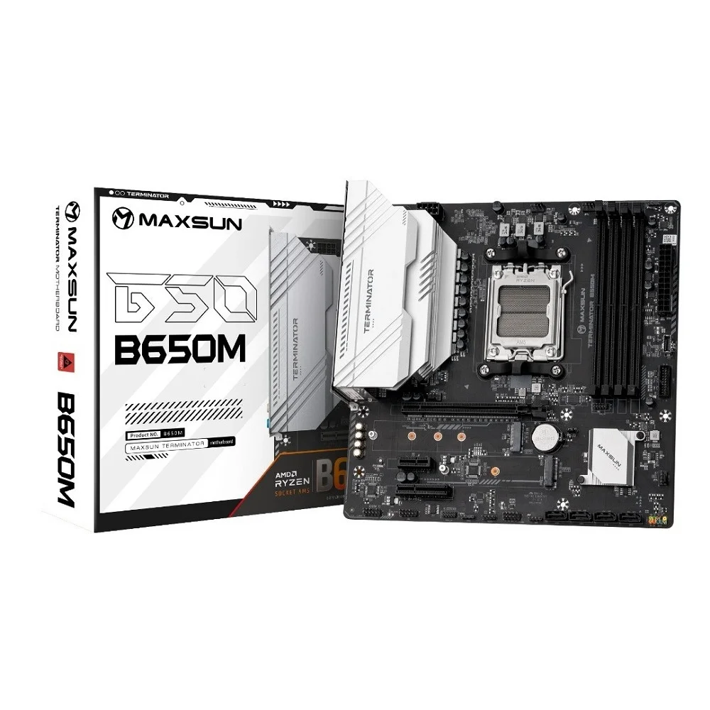 Материнская плата MAXSUN MS-Terminator B650M, AM5, B650, 4*DDR5, 4*SATA 3.0, 2*M.2, USB 3.2, USB 2.0, Type-C, 1*PCIE 16, 1*PCIE 4, 1*PCIE 1, HDMI+DP, mATX