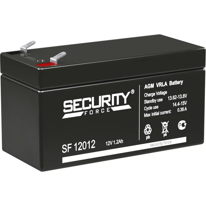 Батарея SECURITY FORCE серия SF, SF 12012, напряжение 12В, емкость 1.2Ач (разряд 20 часов), макс. ток заряда 0.36А, свинцово-кислотная типа AGM, клеммы F1, ДxШxВ 97х44х52мм., кг., срок службы 3-5 лет./ Battery SECURITY FORCE series SF, SF 12012, voltage 1