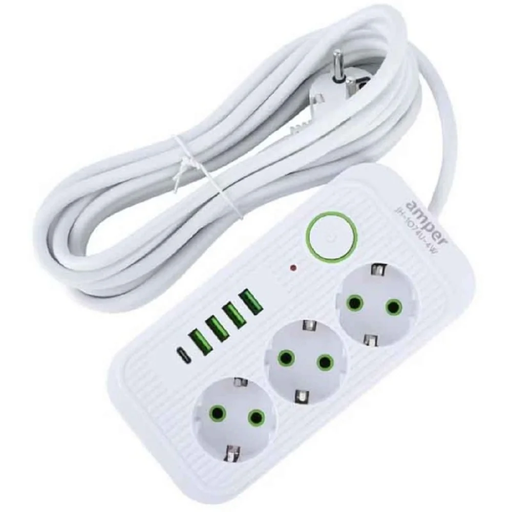 Amper сетевой удлинитель, 4,0м, 3 розетки, 3*0,75мм, 10А, 2500 Вт, 4usb, 1Type-C, белый. (JH-1074U-4W)