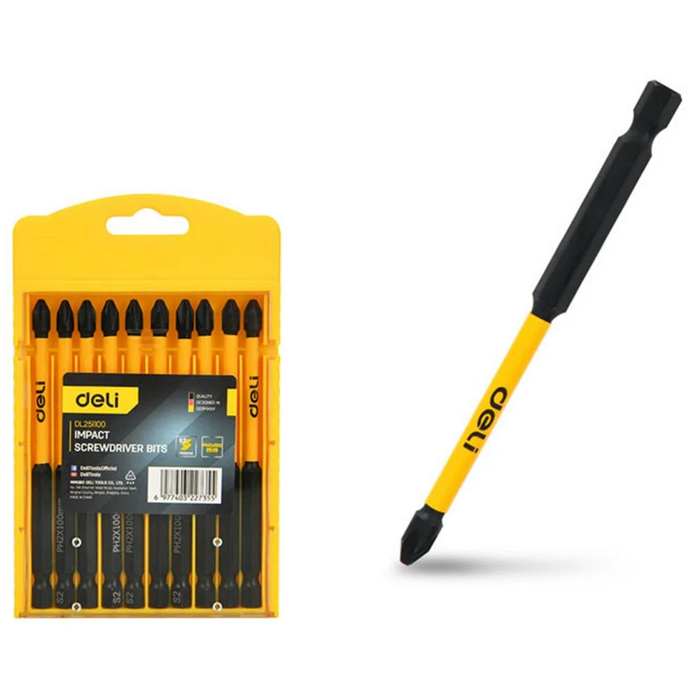 Набор торсионных бит для ударных шуруповертов 10шт Deli DL251100 PH2*100мм, сталь S2, пласт.кейс