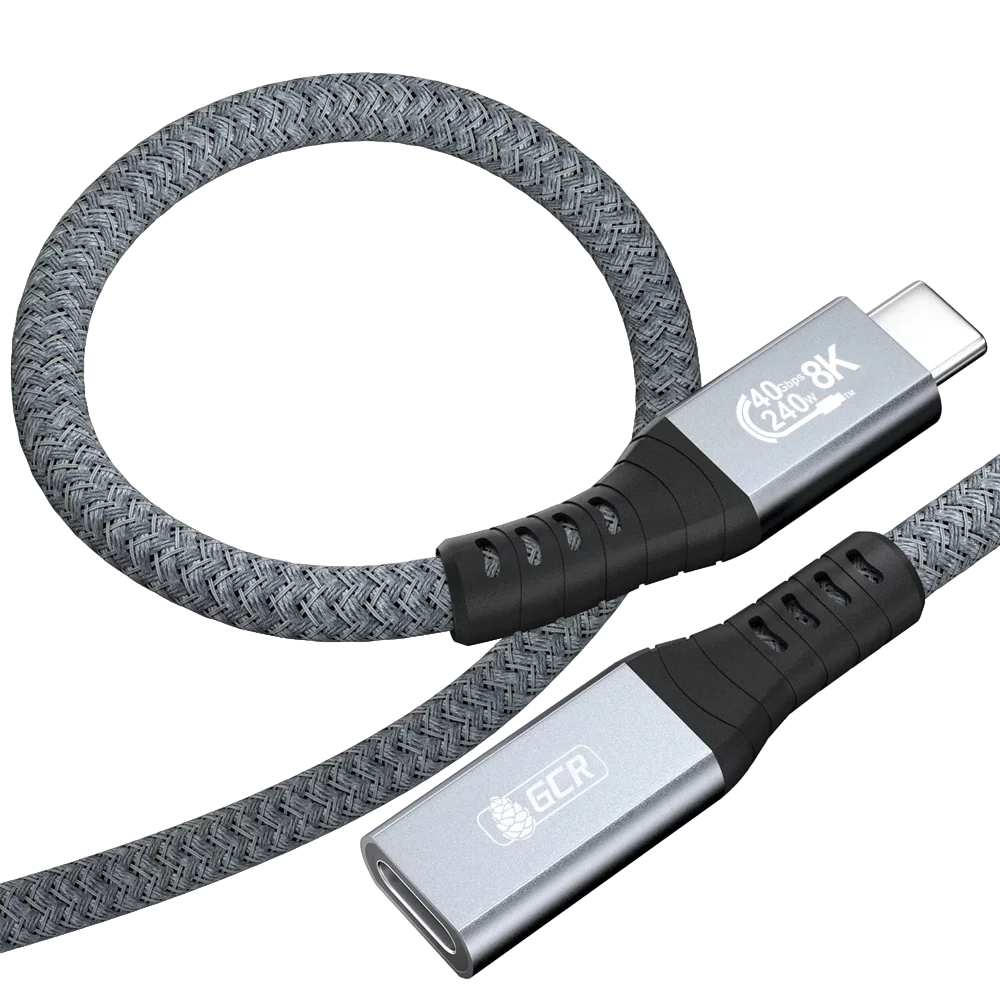 GCR PRO Удлинитель USB4 Type-C, 0.2m, 40Gbps, 240W, 8K60Hz, M/F, текстиль, серый, GCR-57135