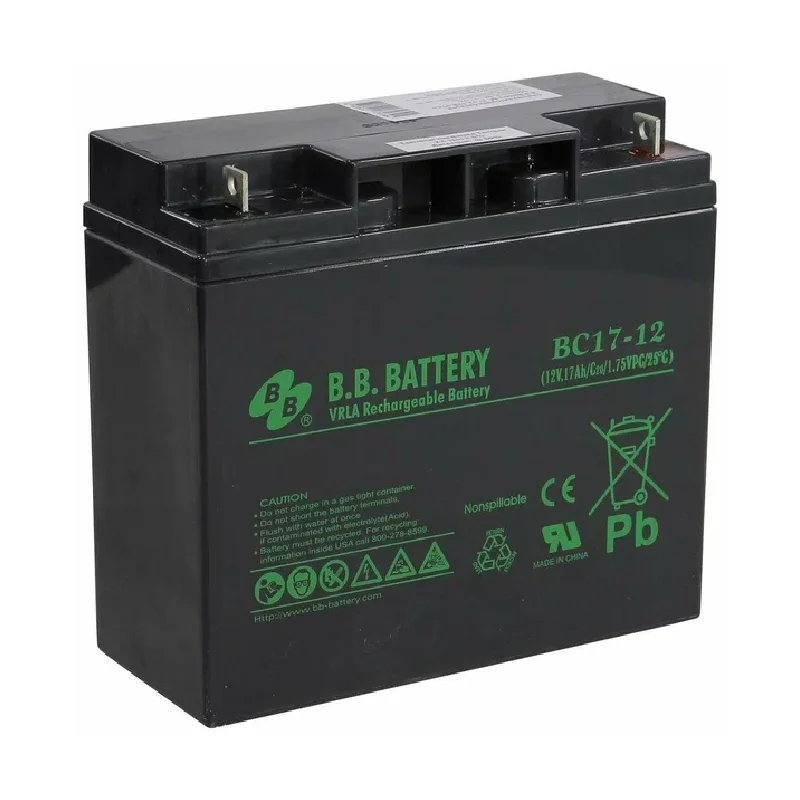 Батарея B.B. Battery серия BC, BC17-12, напряжение 12В, емкость 17Ач (разряд 20 часов), макс. ток разряда (5 сек.) 255А, макс. ток заряда 5.1A, свинцово-кислотная типа AGM, клеммы B1, ДxШxВ 181x76x166мм., вес 5.62кг., срок службы 5-7 лет/ B.B. Battery ser
