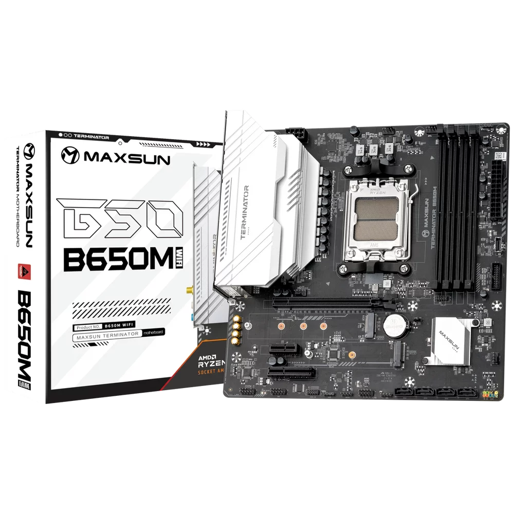 Bad Pack Материнская плата Maxsun MS-Terminator B650M WIFI6 B650, AM5, 4*DDR5, 1*PCIEx16, 1*PCIEx4, 1*PCIEx1, 2*M.2, 2*TypeC, 6*USB3.2Gen1, 6*USB2.0, 4*SATA3.0, 2.5G, DP, HDMI, M-ATX, RTL bp (6940709660805||BP)