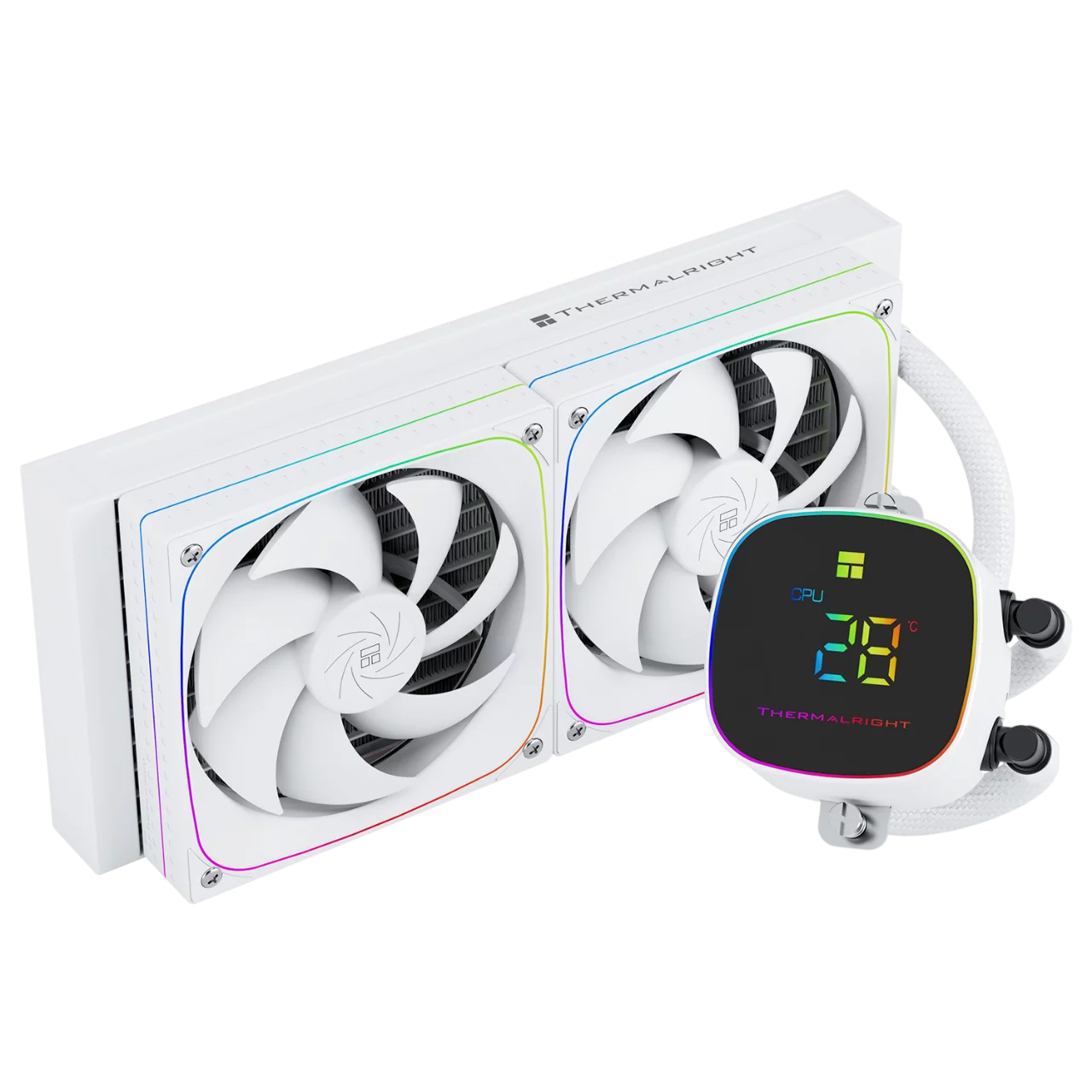 Система жидкостного охлаждения/ Water Cooling System Thermalright Frozen Horizon 240 Digital (240mm, LED temp., White, ARGB/ Fans: 2x120mm, 68.9CFM, 28.2dBA, 2000RPM/ Pump height 53.2mm, Rad thickness (F-HORIZON-DIGITAL-WH-240-ARGB)
