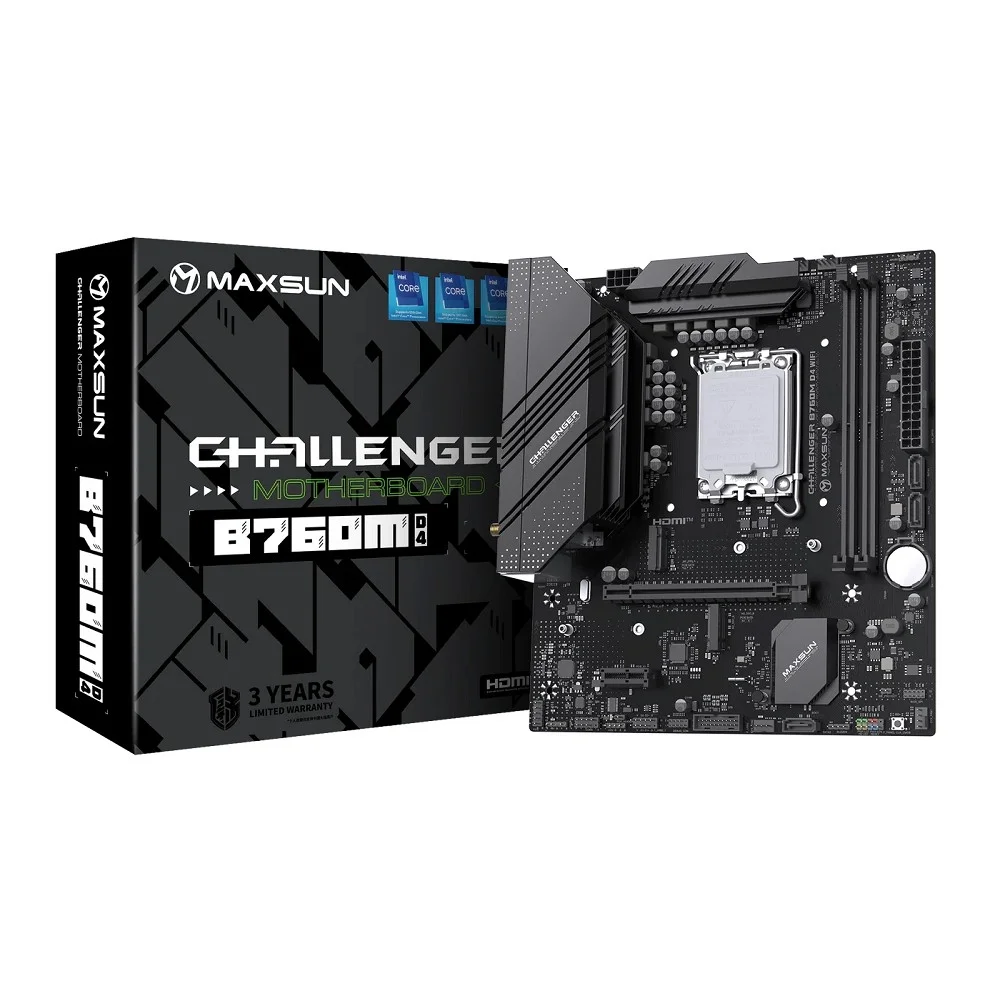 MAXSUN MS-Challenger B760M D4 WIFI (Socket 1700, mATX, 2*DDR4(64b), DP/HDMI, 3*SATA3, 2*M.2, 1xPCI-E x16 /1xPCI-E x1, 2*USB 2.0, 4*USB 3.2 GEN1, LAN 1*1G, Bluetooth 5.2, Wi-Fi 802.11ax, RTL)