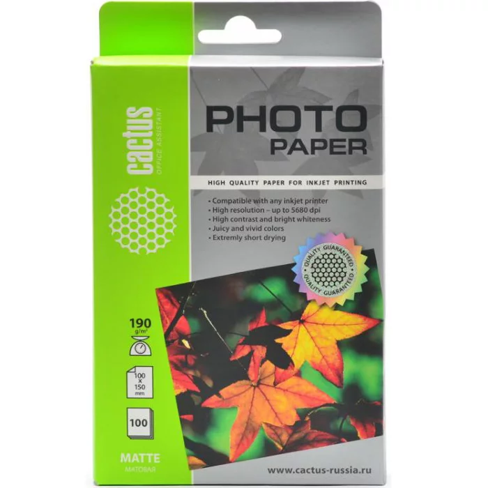 Фотобумага Cactus CS-MA6190100 10x15/190г/м2/100л./белый матовое для струйной печати