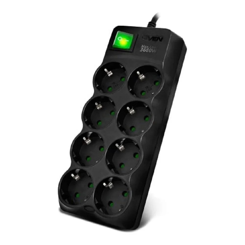 SVEN Фильтр SF-08E-16 3,0 м (8 розеток с защитными шторками,16А) черный, цветная коробка. (SV-021610)