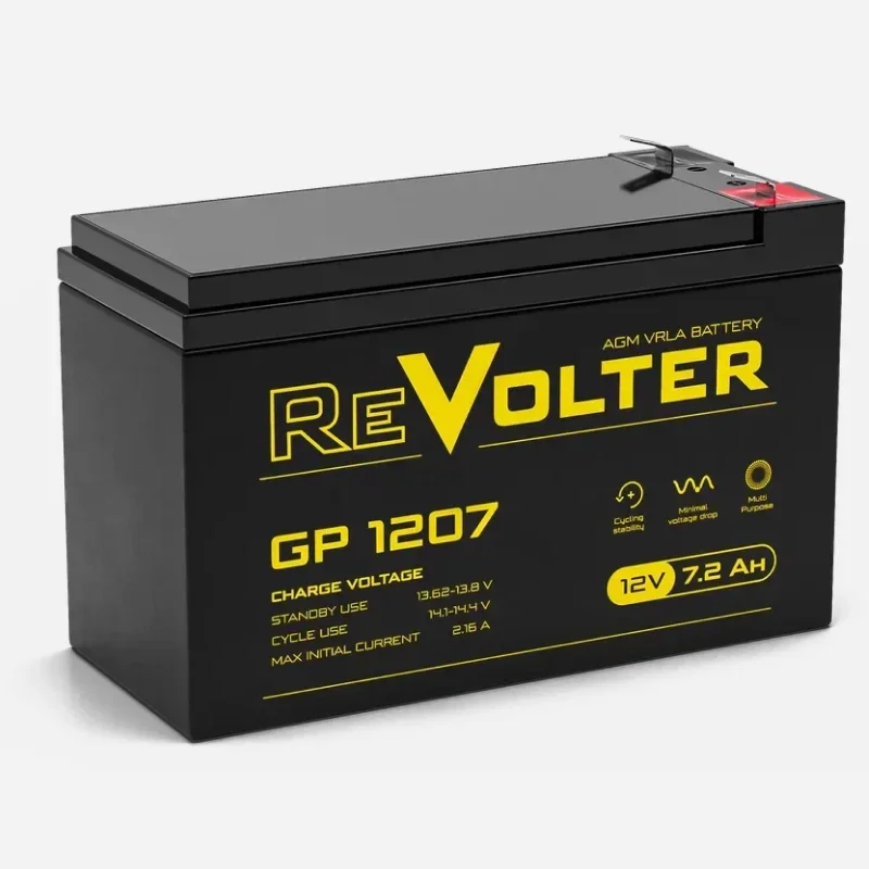 Батарея REVOLTER серия GP, REVOLTER GP 1207, напряжение 12В, емкость 8.2Ач (разряд 20 часов), макс. ток разряда (5 сек.) 120А, макс. ток заряда 2.16А, свинцово-кислотная типа AGM, клеммы F2, ДxШxВ 15