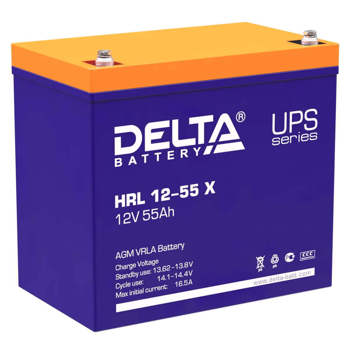Батарея DELTA серия HRL-X, HRL 12-55 X, напряжение 12В, емкость 55Ач (разряд 10 часов), макс. ток разряда (5 сек.) 550А, макс. ток заряда 16.5А, свинцово-кислотная типа AGM, клеммы под болт М6, ДxШxВ 229х138х208мм., вес 18.2кг., срок службы 12 лет./ Batt