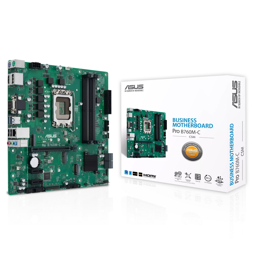 Материнская плата ASUS PRO B760M-C-CSM, LGA1700, B760, 4*DDR5, 4*SATA, 2*M.2, 2*USB 3.2, 2*USB 2.0, 1*PCIx16, 2*PCIx1, 2*DP+HDMI+VGA, mATX (90MB1DX0-M0EAYC)