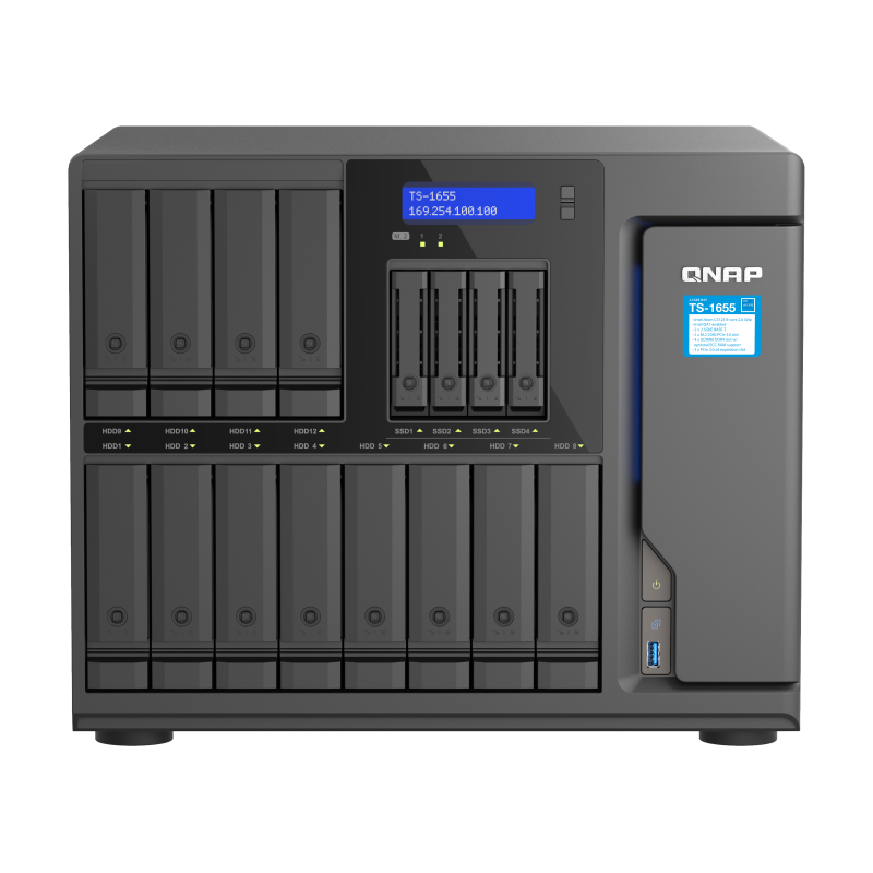 Сетевое хранилище без дисков/ SMB QNAP TS-1655-8G NAS 16-Bay (12x 3.5"/ 2.5" HDD/ SSD bays + 4x 2.5" SSD bays + 2x M.2 2280 SATA slots), Intel Atom C5125 8-core processor, 2.8GHz, 8 GB DDR4 (1 x 8 GB) u