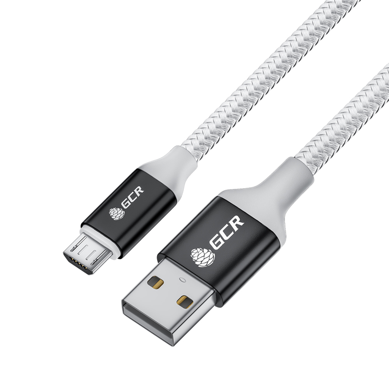 GCR QC Кабель 1.0m MicroUSB, быстрая зарядка, белый нейлон, AL корпус черный, белый ПВХ, 28/ 24 AWG, GCR-53270