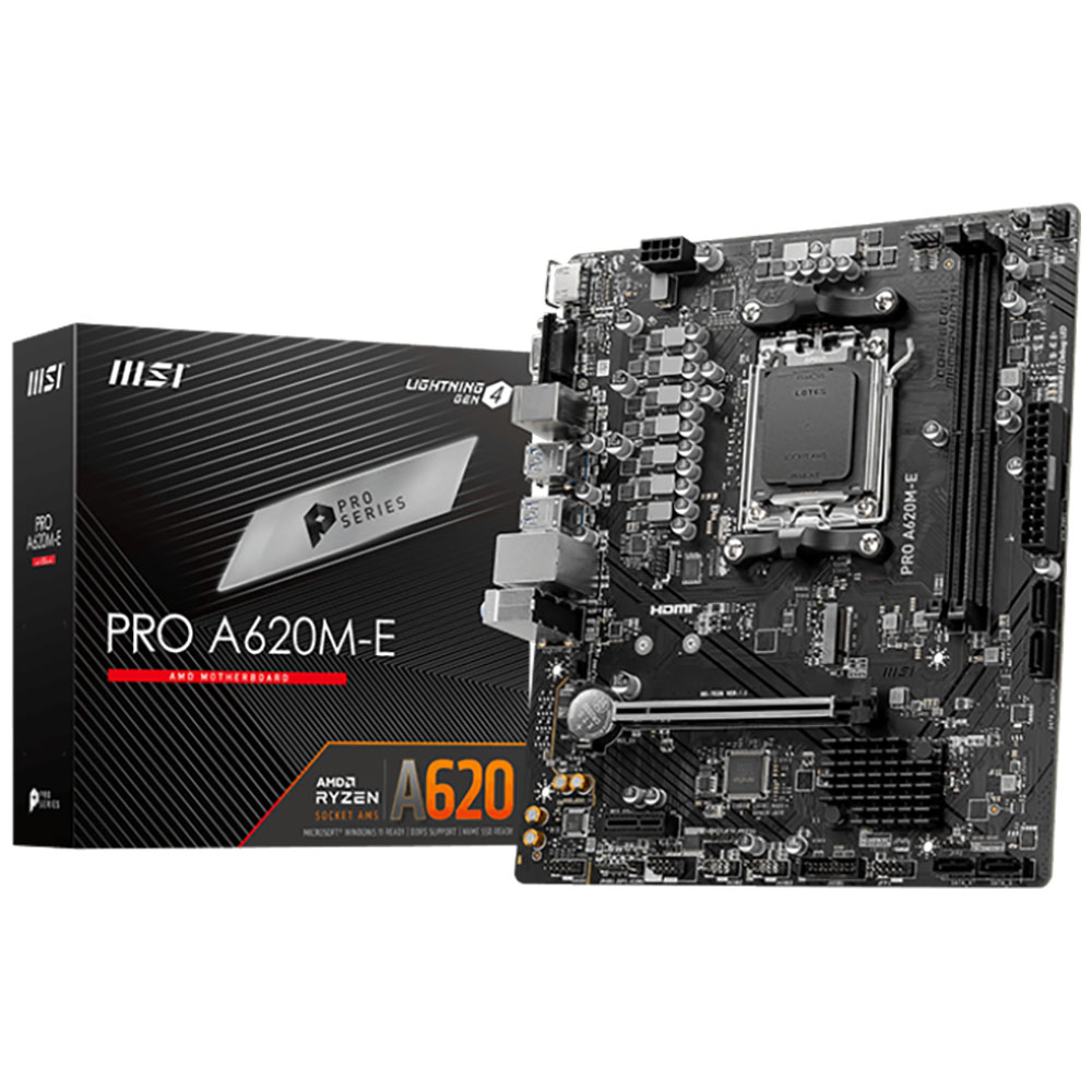 Материнская плата/ MB MSI AMD A620 sAM5, 2xDDR5(96GB), D-SUB/HDMI 2.1, 1xPCIe 4.0x16, 1xPCIe 3.0, 1xLAN, 4xSATA 6Gb/s, 1xM.2, 4xUSB 3.2, 2xUSB 2.0, 2xPS/2, mATX (PRO A620M-E)