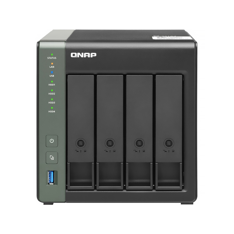 SMB QNAP TS-431X3-4G NAS 4 HDD trays. Alpine AL314, 4-core, 1.7GHz, 4 GB DDR3 (1 x 2 GB) up to 8 GB (1 x 8 GB), 1x10 GbE SFP+, 1x2.5GB Ethernet, 1x1GB Ethernet, USB 3.2x3