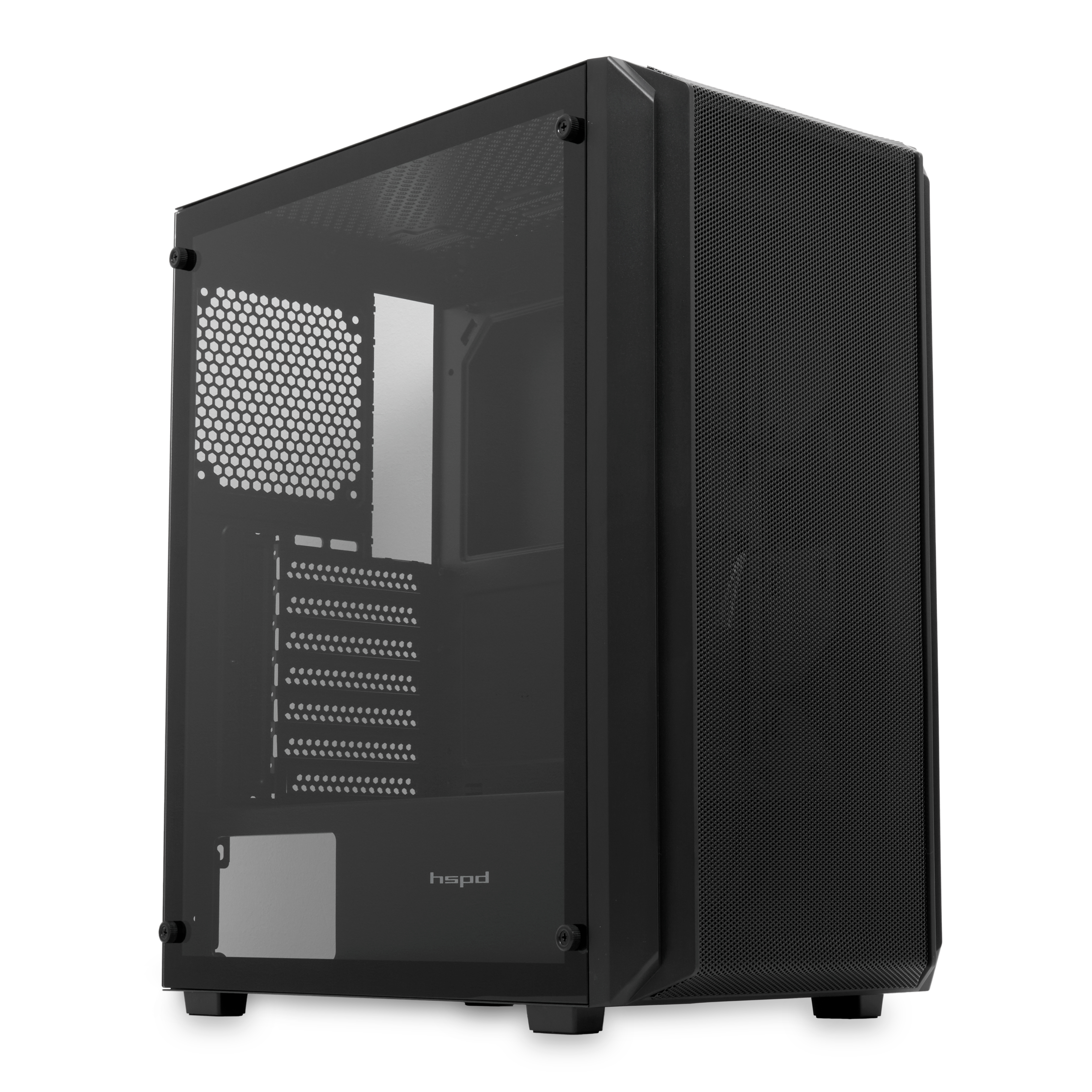 Корпус без блока питания/ Case HSPD M730, Mesh Mid Tower, Black, TG, 0.4 SPCC, no fans, E-ATX, ATX, mATX, mITX, 155/280/175-200mm, 2x2.5", 2x3.5", 7xPCI, 1xUSB-A 3.0, 2xUSB-A 1.0, 335x193x445mm (M730-TGBK)