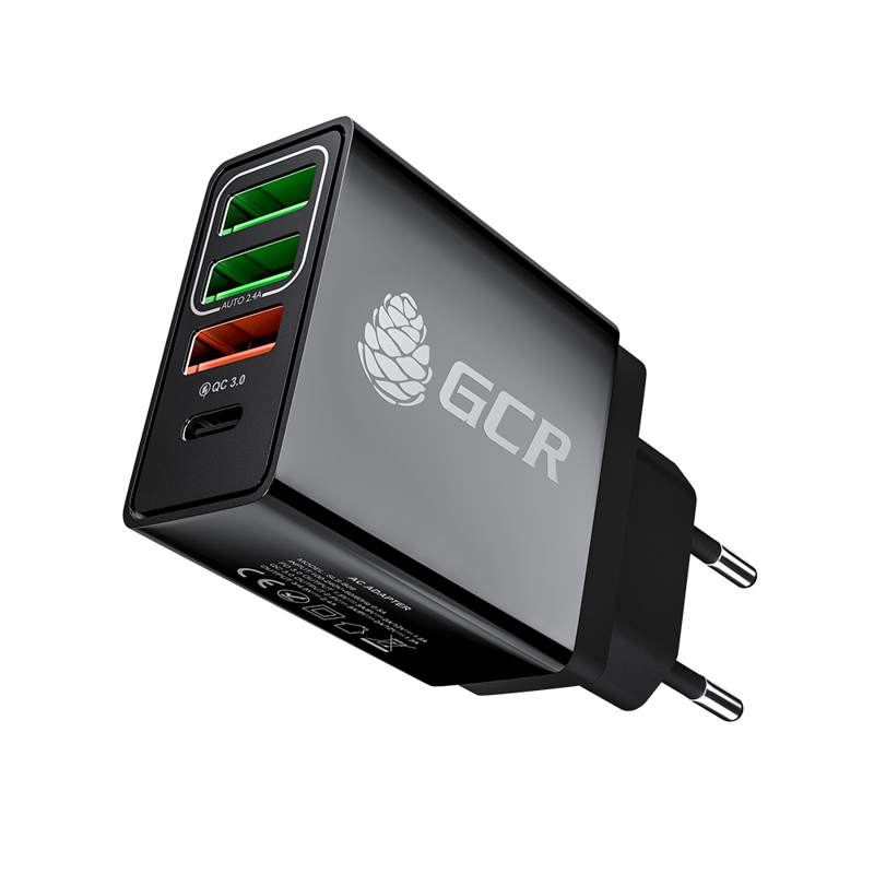 GCR Сетевое зарядное устройство на 4 USB порта (2 х 2A + QC 3.0 + PD 18W) , черное, GCR-52884