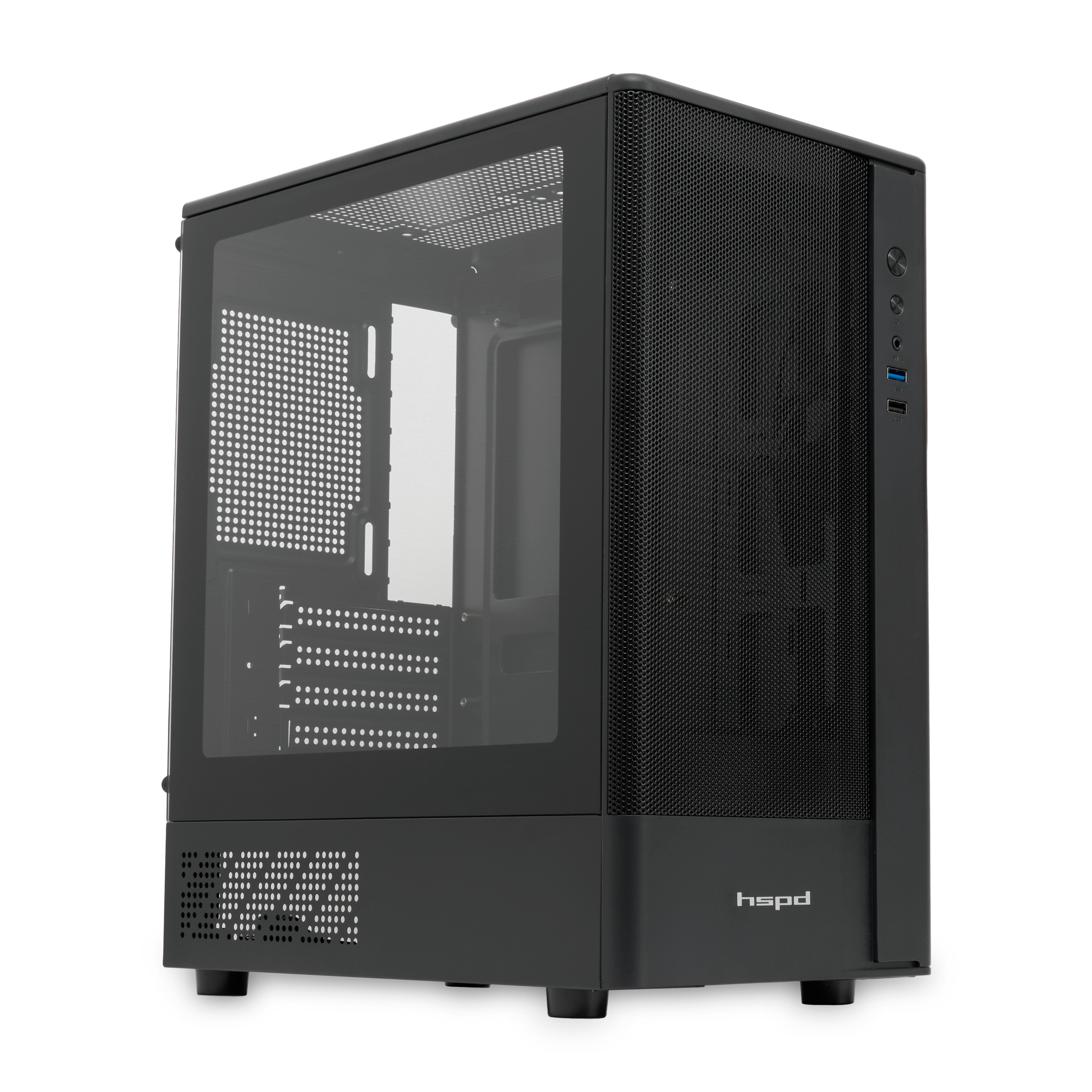 Корпус без блока питания/ Case HSPD M332, Mesh Mini-tower, Black, TG, 0.4 SPCC, no fans, mATX, mITX, 160/285/170mm, 1x2.5", 1x3.5", 4xPCI, 1xUSB-A 3.0, 1xUSB-A 1.0, 387x197x325mm (M332-TGBK)
