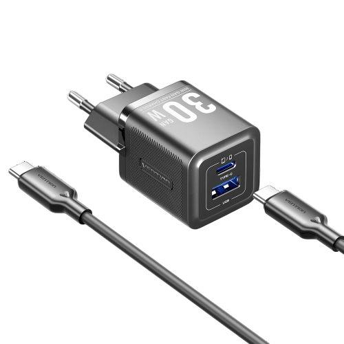 Набор для зарядки Vention з/у GaN 30W 2 порта USB (C + A) и кабель USB-C 3А Чёрный, шт. (TZ-FEQB0-EU-01)