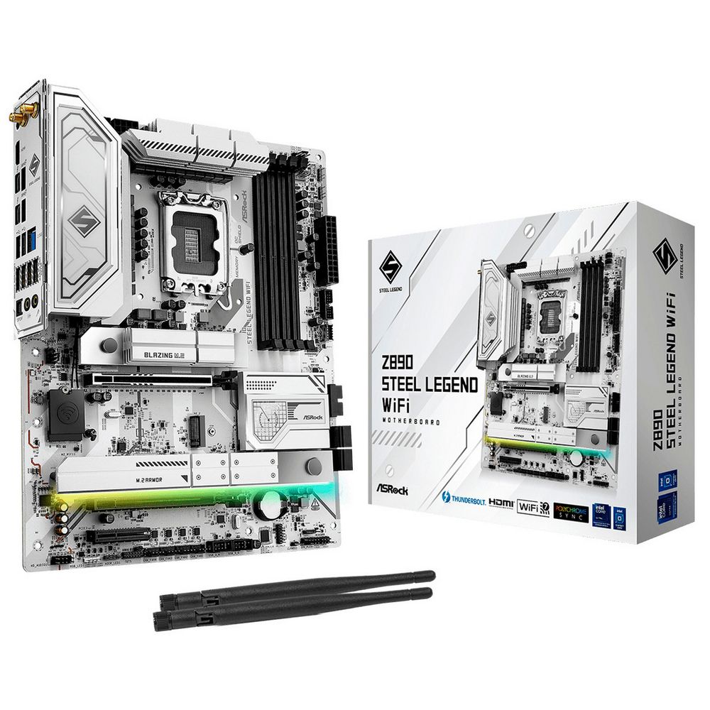 Материнская плата ASROCK Z890 STEEL LEGEND WIFI, LGA1851, Z890, 4*DDR5, 4*SATA, 4*M.2, 6*USB 3.2, 2*USB 2.0, 2*Type-C, 2*PCIx16, 1*PCIx4, 1*M.2 (Key E), HDMI, ATX