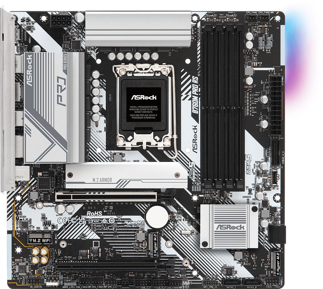 Материнская плата ASROCK B760M PRO RS, LGA1700, B760, 4*DDR5, 4*SATA, 3*M.2, 3*USB 3.2, 2*USB 2.0, Type-C, 2*PCIx16, 1xM.2 (Key E), HDMI+DP, mATX