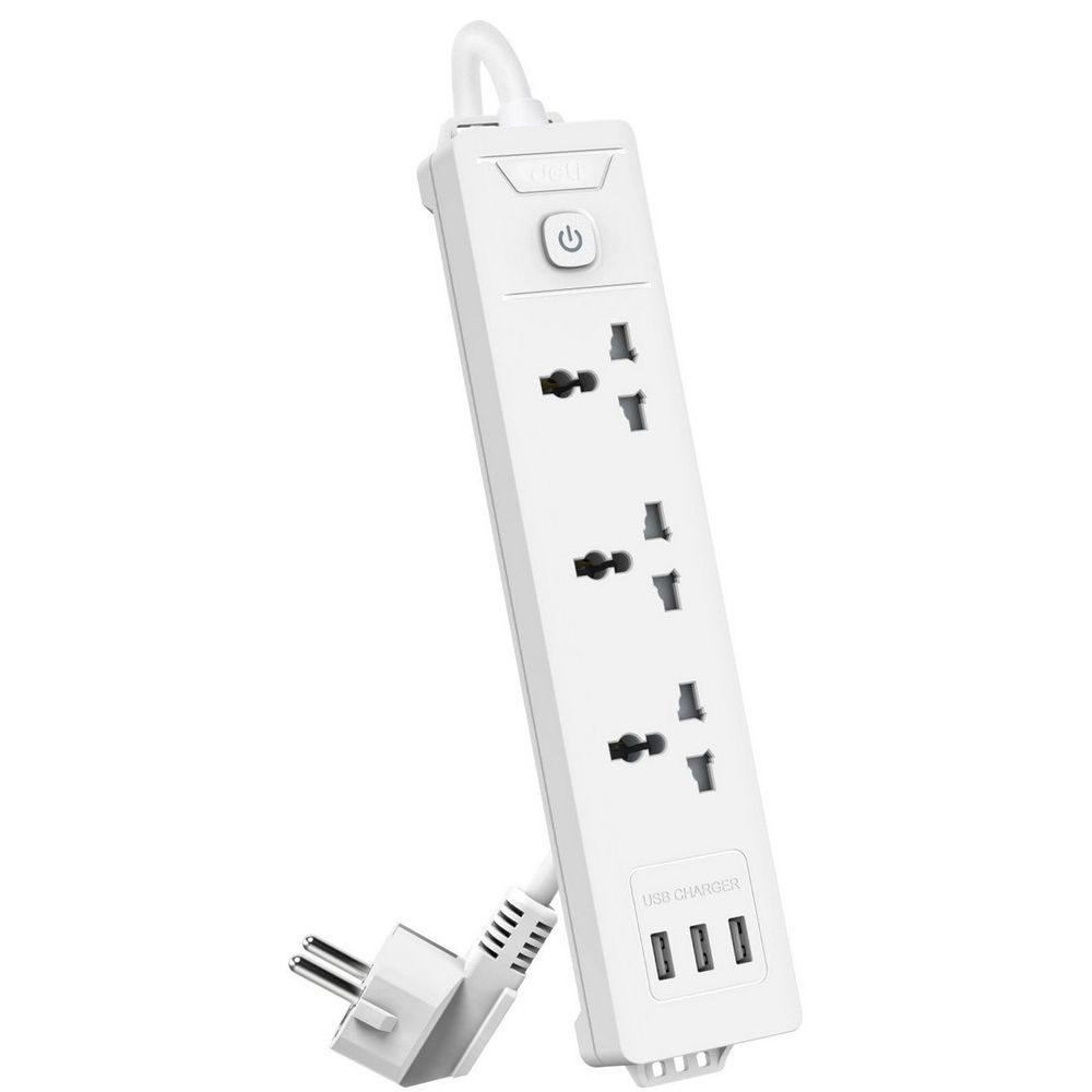 Сетевой фильтр универсальный Deli ET408 / 3розетки + 3USB , 2 м