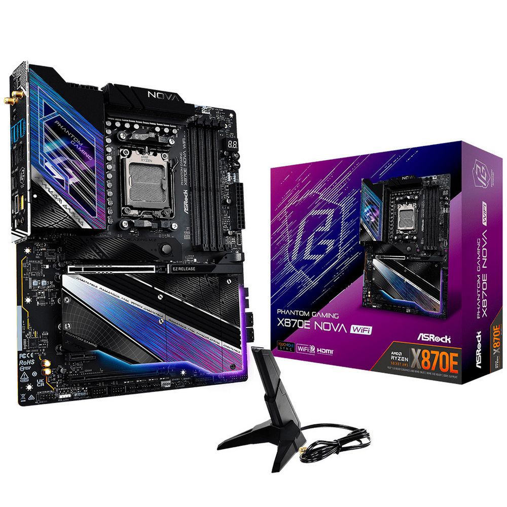 Материнская плата ASROCK X870E NOVA WIFI, AM5, X870E, 4*DDR5, 4*SATA, 5*M.2, 2*USB 2.0, 8*USB 3.2, 2*Type-C, 2*PCIx16, 1*PCIx1, 1*M.2 (Key E), HDMI, ATX