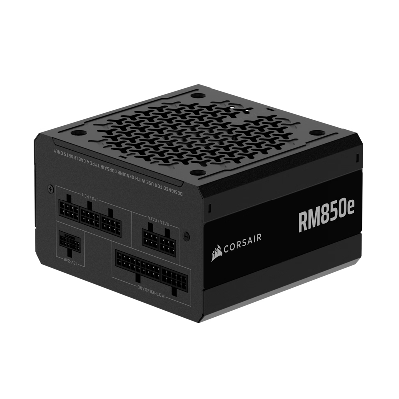 Блоки питания/ Power Supply Corsair RM850e, Model RPS0216, 850W 80+ Gold (ATX, 3.1, PCIe 5.1, Full modular, 1x24(20+4)pin, 2xEPS/ATX 12V 8-pin (4+4), 1x12V-2x6(12+4)pin, 2x12V-2x6 to Dual 8-Pin(6+2), 1xPCIe 8-Pin(6+2), 4xSAT (CP-9020296-UK)
