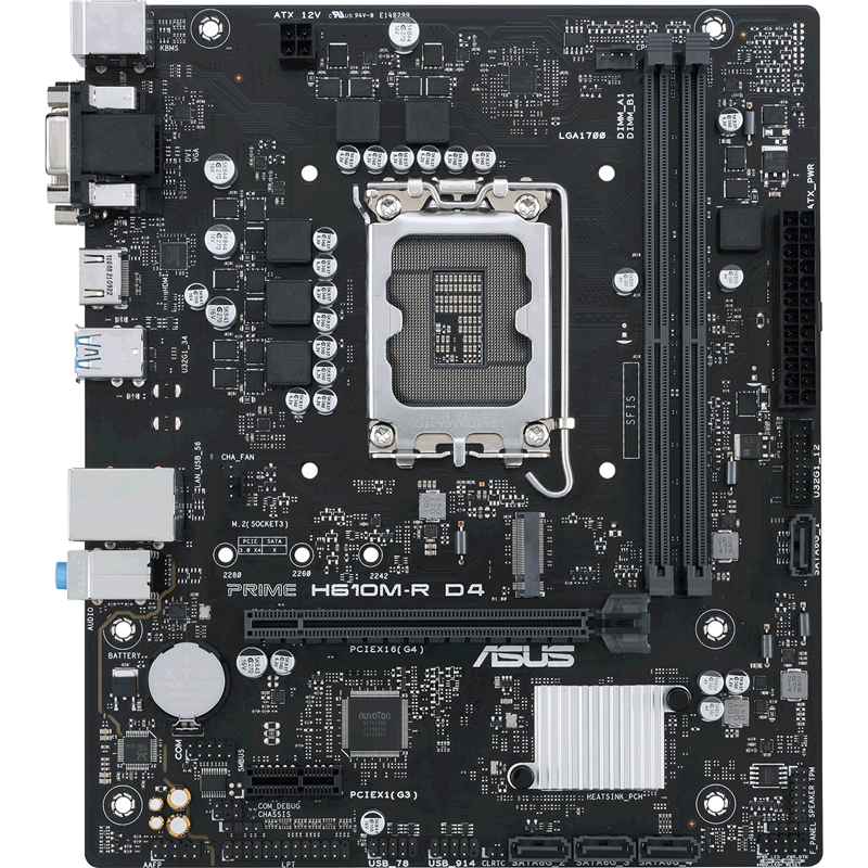 Материнская плата ASUS PRIME H610M-R D4-SI Soc-1700 Intel H610 2xDDR4 mATX AC`97 8ch(7.1) GbLAN+VGA+DVI+HDMI White Box (90MB1B40-M0ECY0)