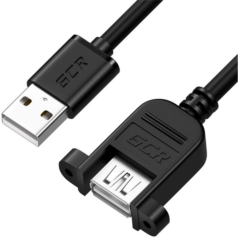 GCR Удлинитель 1.0m USB 2.0, AM/ AF крепление под винт, черный, 30/ 30 AWG, GCR-52446