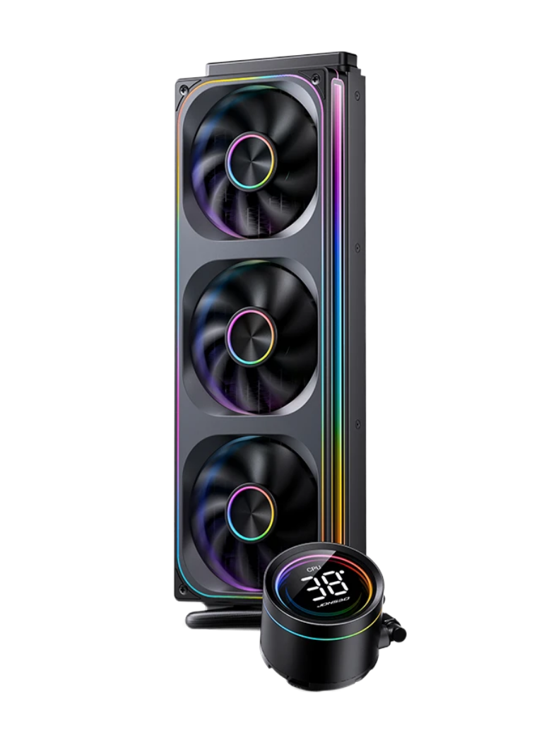 Система жидкостного охлаждения/ Water Cooling System JONSBO TH-360 Black (300W, 360mm, LED temp., Black, ARGB/ Fans: 3x120mm, 62.4CFM, 37.3dBA, 2400RPM/ Pump height 72mm, 30dBA, 2400RPM, Rad thickness 27mm/ S: 1851, 1700, 1200, 115X, AM5, AM4)