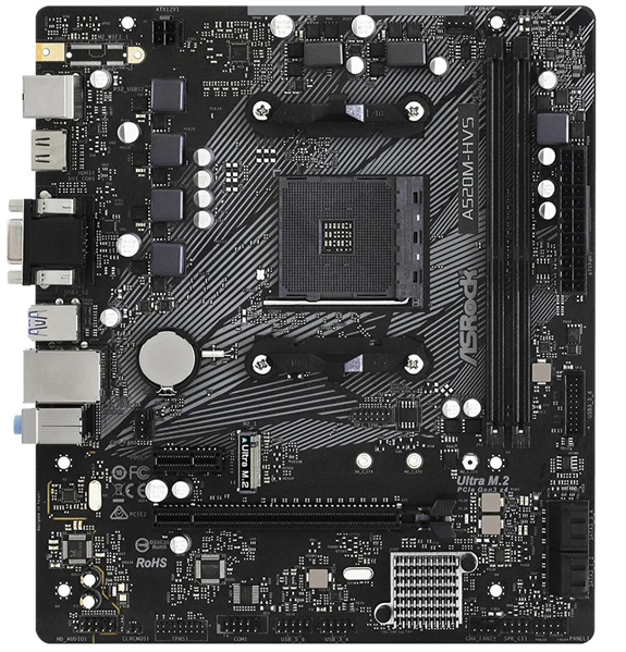 ASROCK A520M-HVS, AM4, A520, 2*DDR4, D-Sub+HDMI, 4xSATA3 6.0 (RAID), M.2 Socket, 4xUSB 3.2, 2xUSB 2.0, mATX; 90-MXBE60-A0UAYZ