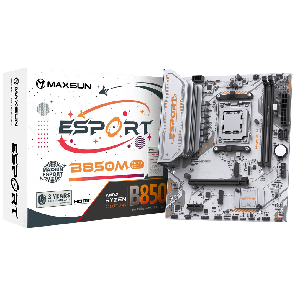 Материнская плата Maxsun MS-eSport B850M WIFI ICE B850, AM5, 2*DDR5, 1*PCIEx16, 1*PCIEx1, 2*M.2, 6*USB3.2Gen1, 4*USB2.0, 2*SATA3.0, 1G, DP, HDMI, M-ATX, RTL (6940709661758)