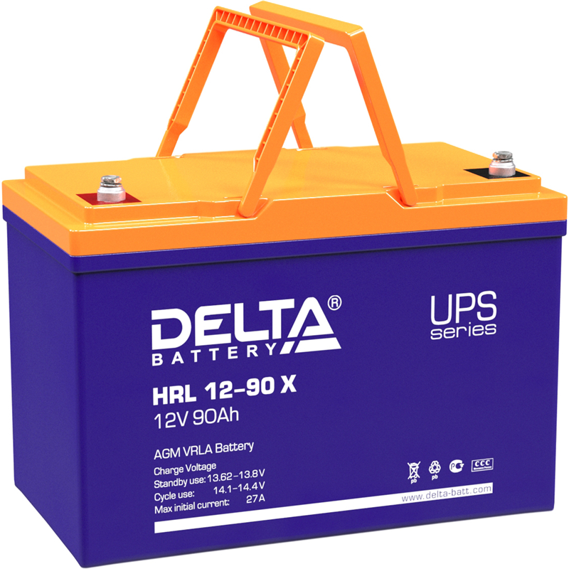 Батарея DELTA серия HRL-X, HRL 12-90 X, напряжение 12В, емкость 90Ач (разряд 10 часов), макс. ток разряда (5 сек.) 800А, макс. ток заряда 27А, свинцово-кислотная типа AGM, клеммы под болт М6, ДxШxВ 306х169х210мм., вес 27.8кг., срок службы 12 лет.