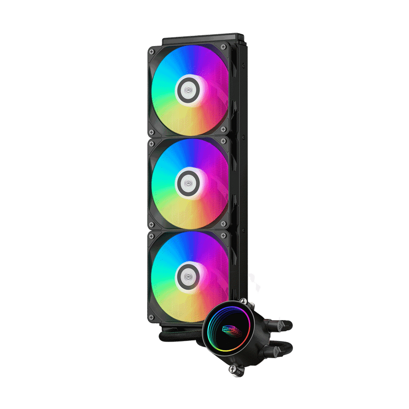 Система охлаждения/ PCCooler DA360 ARGB BK (280W, 360mm, Black, ARGB/ Fans: 3x120mm, 72.1CFM, 33.8dBA, 1800RPM/ Pump height 55mm, 28dBA, 3000RPM, Rad thickness 27mm/ S: 1851, 1700, 1200, 20XX, 115X, AM5, AM4)