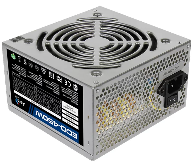 Aerocool 450W Retail ECO-450W ATX v2.3 Haswell, fan 12cm, 400-mm cable, power cord, 20+4P, 12V 4P, 1x PCI-E 6P, 2x SATA, 2x PATA, 1x FDD