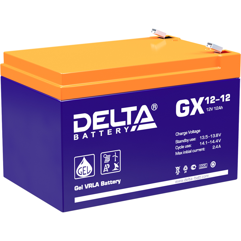 Батарея DELTA серия GX, GX 12-12, напряжение 12В, емкость 12Ач (разряд 20 часов), макс. ток разряда (5 сек.) 180А, макс. ток заряда 2.3А, свинцово-кислотная типа GEL, клеммы F2, ДxШxВ 151х98х95мм., вес 3.67кг., срок службы 15 лет./ Battery DELTA series G