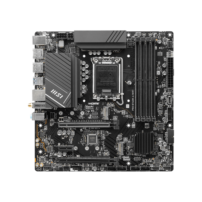 Материнская плата/ MB MSI INTEL B760 s1700, 4xDDR5(256GB), 2xHDMI 2.1/2xDP, 2xPCIe 4.0x16, 1xPCIe 3.0, 1xLAN (2.5GbE), Wi-Fi, BT, 4xSATA 6Gb/s, 2xM.2, 4xUSB 3.2, 2xUSB 2.0, 1xPS/2, mATX (PRO B760M-A WIFI)