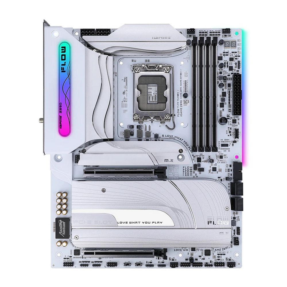Материнская плата Colorful iGame Z890 FLOW V20 Z890, LGA1851, 4*DDR5, 2*PCIEx16, 1*PCIEx1, 5*M.2, 3*TypeC, 4*USB3.2Gen2, 2*USB3.2Gen1, 8*USB2.0, 4*SATA3.0, 2.5G, 2*Type-C(DP), DP, HDMI, ATX, RTL