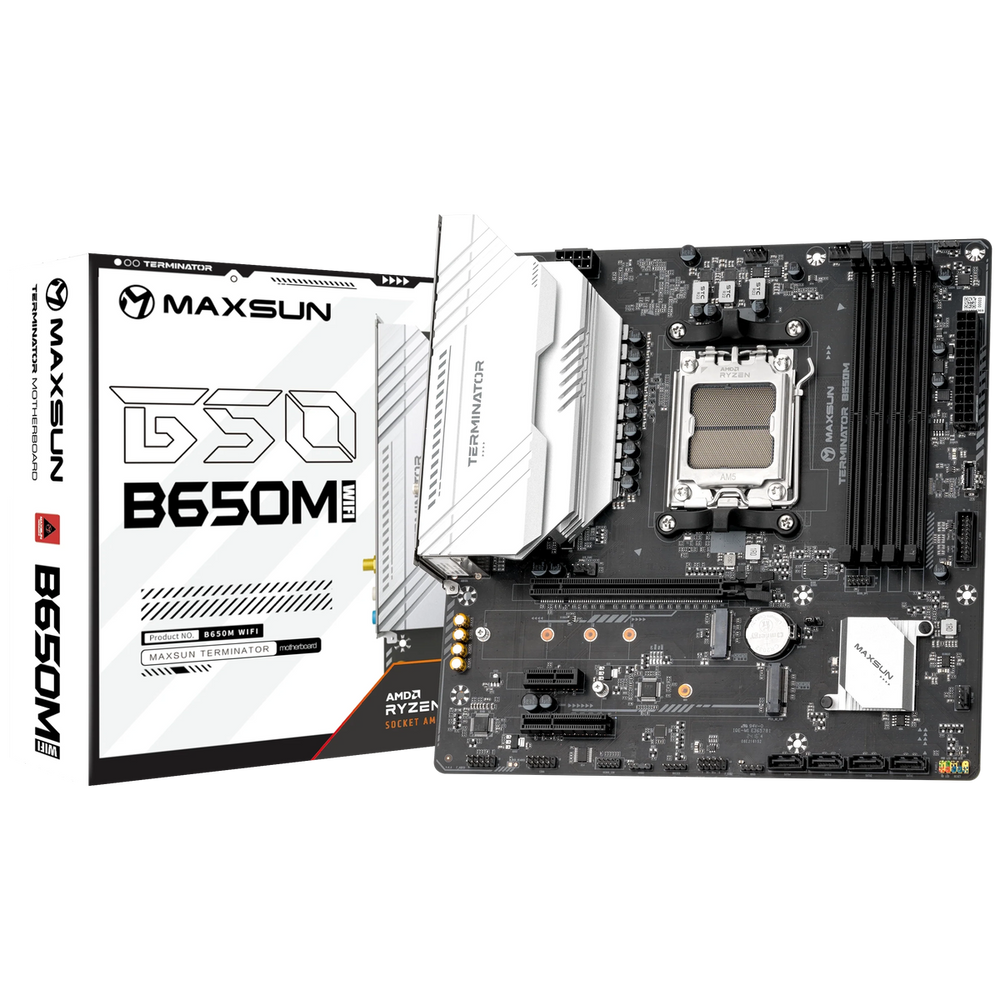 Материнская плата Maxsun MS-Terminator B650M WIFI6 B650, AM5, 4*DDR5, 1*PCIEx16, 1*PCIEx4, 1*PCIEx1, 2*M.2, 2*TypeC, 6*USB3.2Gen1, 6*USB2.0, 4*SATA3.0, 2.5G, DP, HDMI, M-ATX, RTL (6940709660805)