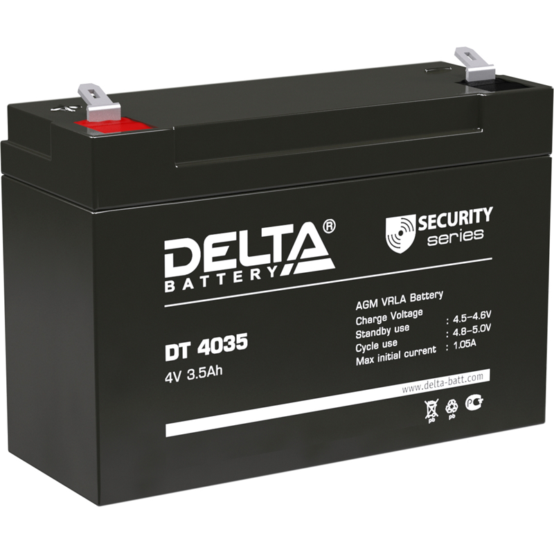 Батарея DELTA серия DT, DT 4035, напряжение 4В, емкость 3.5Ач (разряд 20 часов), макс. ток разряда (5 сек.) 52.5А, макс. ток заряда 1.05А, свинцово-кислотная типа AGM, клеммы F1, ДxШxВ 90х34х60мм., вес 0.46кг., срок службы 5 лет./ Battery DELTA series DT