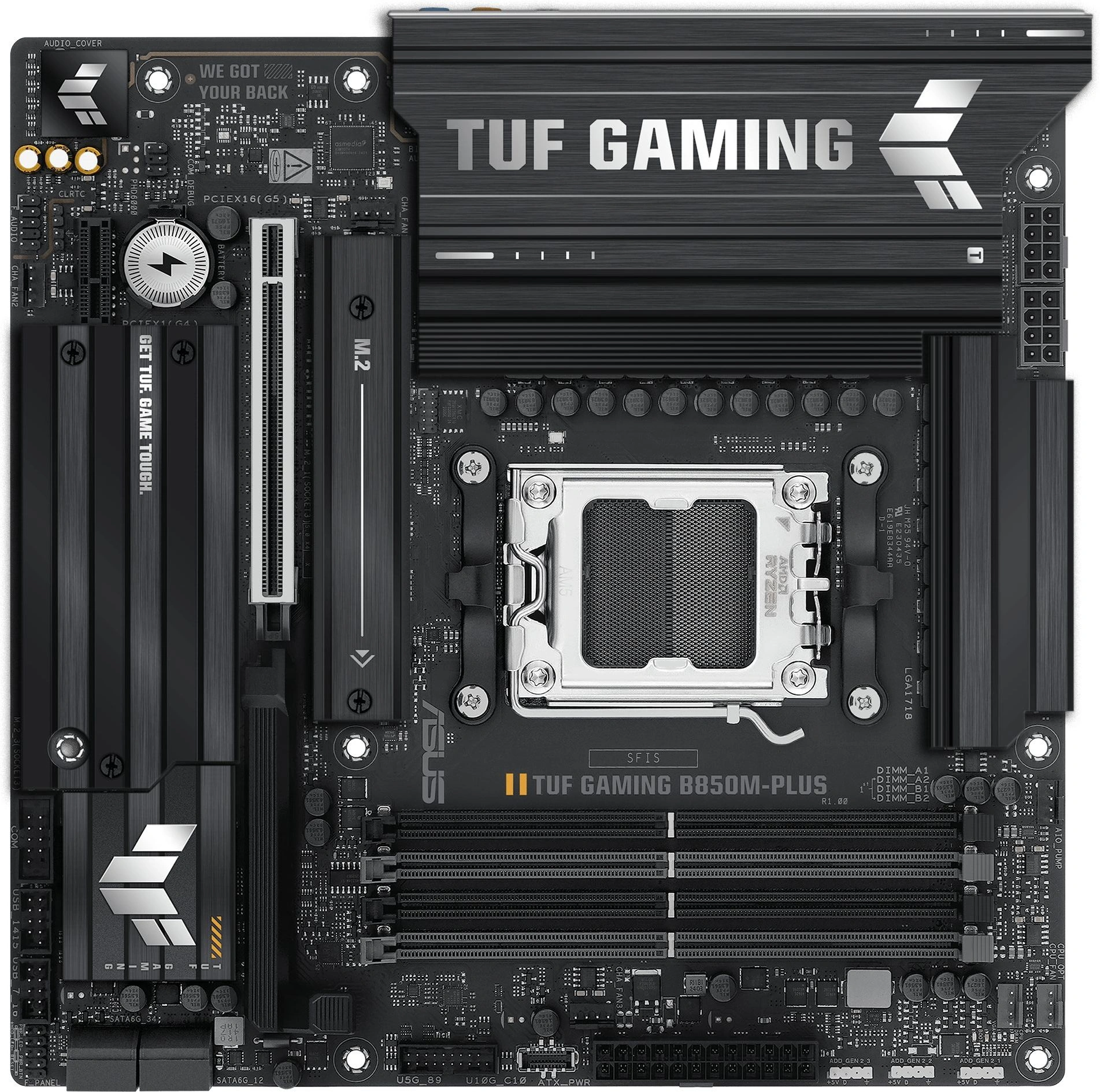 Материнская плата ASUS TUF GAMING B850M-PLUS, AM5, B850, 4*DDR5, 4*SATA, 3*M.2, 7*USB 3.2, 4*USB 2.0, Type-C, 2*PCIx16, 1*PCIx1, DP+HDMI, mATX; 90MB1IX0-M0EAY0