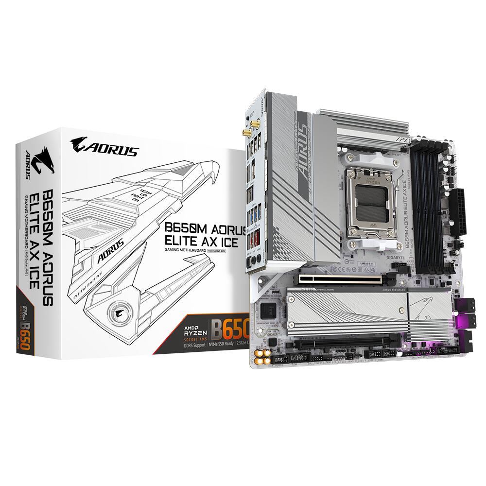 B650M AORUS ELITE AX ICE, Socket AM5, AMD B650, 4xDDR5-5200, HDMI+DP, 2xPCI-Ex16, 4xSATA3(RAID 0/ 1/ 10), 2xM.2, 8 Ch Audio, 2.5GLan, WiFi, (4+4)xUSB2.0, (7+2)xUSB3.2, (1+1)xUSB3.2 Type-C™, mATX, RTL