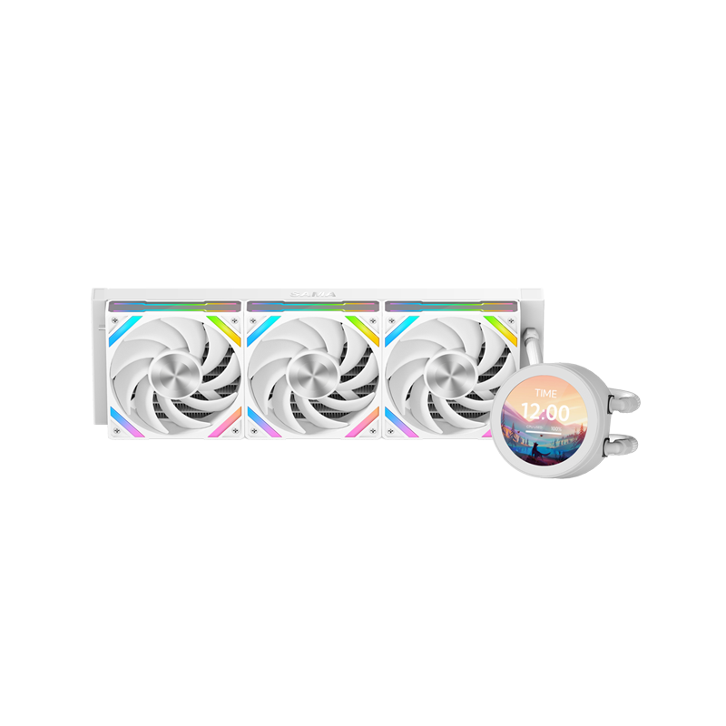 Водяное охлаждение для процессора/ Water Cooling System SAMA Q70 White (360mm, LED temp., White, ARGB/ Fans: 3x120mm, 86CFM, 30dBA, 2600RPM/ Pump height 64mm, 30dBA, 2800RPM, Rad thickness 27mm/ S: 1851, 1 (Q70-WHWAYNO3-G)