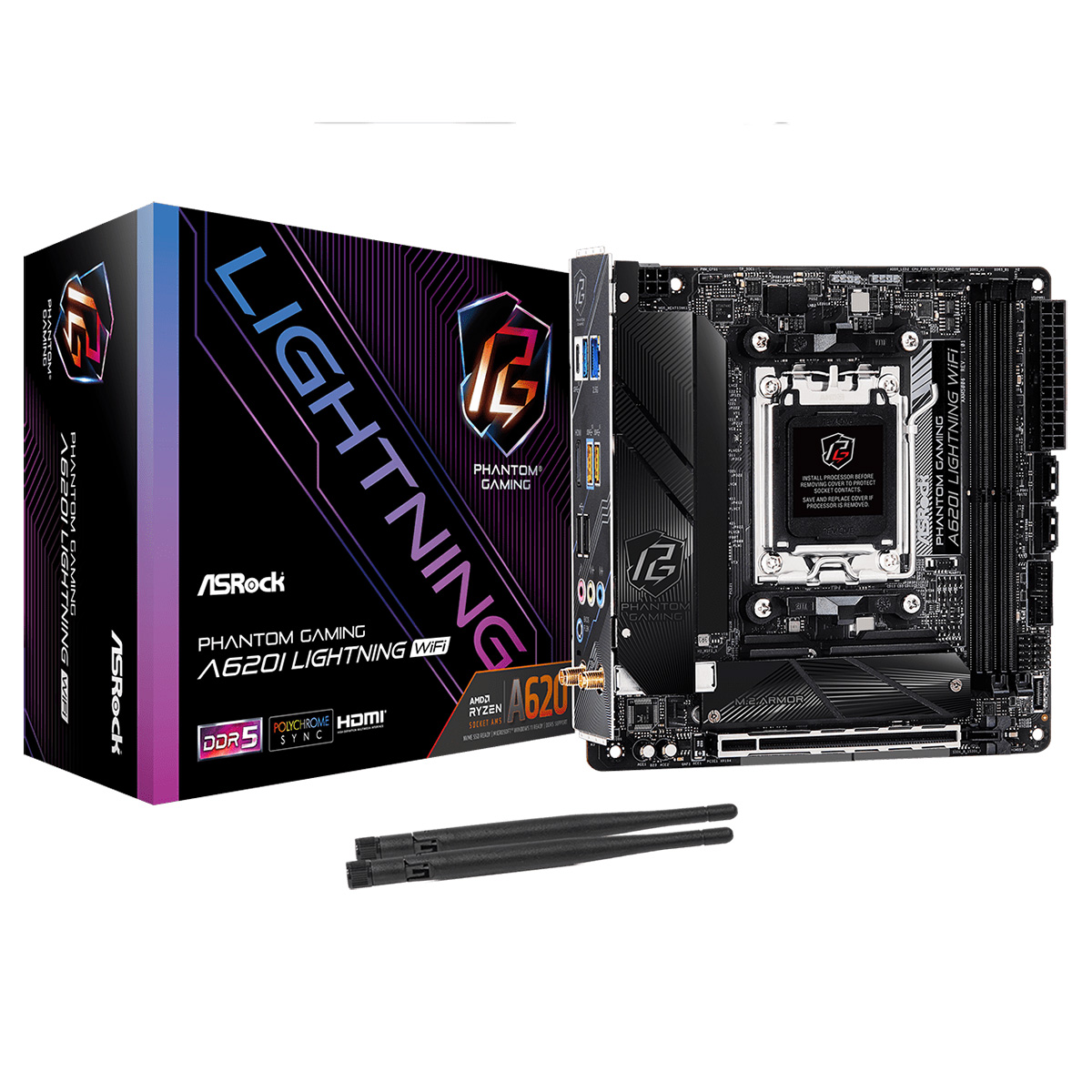 Материнская плата ASROCK A620I LIGHTNING WIFI, AM5, A620, 2*DDR5, 2*SATA, 2*M.2, 3*USB 3.2, 2*USB 2.0, Type-C, 1*PCIx16, 1*M.2 (Key E), HDMI, mITX