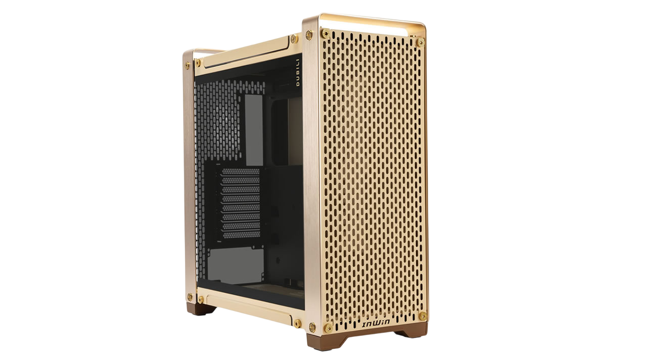 Корпус без блока питания/ Case InWin Dubili, Full-Tower, TG, 4x140mm, 2xUSB-A 3.2 + 1xUSB-C 3.2, E-ATX, ATX, mATX, mITX Champagne Gold (IW-CS-DUBILIASB-GLD)